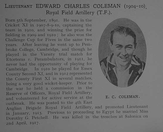 UK Photo Archive: Dulwich College War Record 1914-1919 &emdash; Coleman E C Lt RFA Obit Dulwich College Roll Of Honour