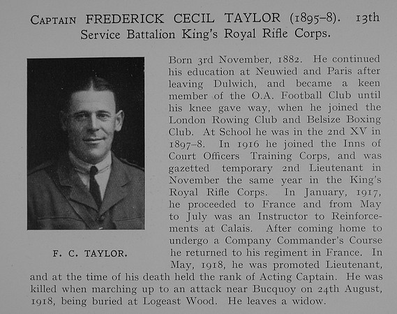 UK Photo Archive: Dulwich College War Record 1914-1919 &emdash; Taylor F C Captain Kings Royal Rifle Corps Obit Dulwich College Roll Of Honour