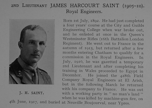 UK Photo Archive: Dulwich College War Record 1914-1919 &emdash; Saint J H 2nd Lt Royal Engineers Obit Dulwich College Roll Of Honour
