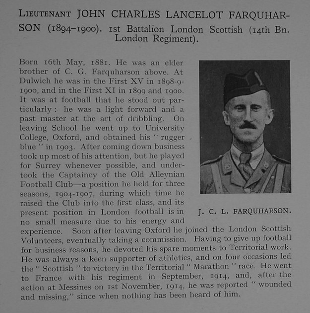 UK Photo Archive: Dulwich College War Record 1914-1919 &emdash; Farquharson J C L Lt 14th London Regiment (London Scottish) Obit Dulwich College Roll Of Honour