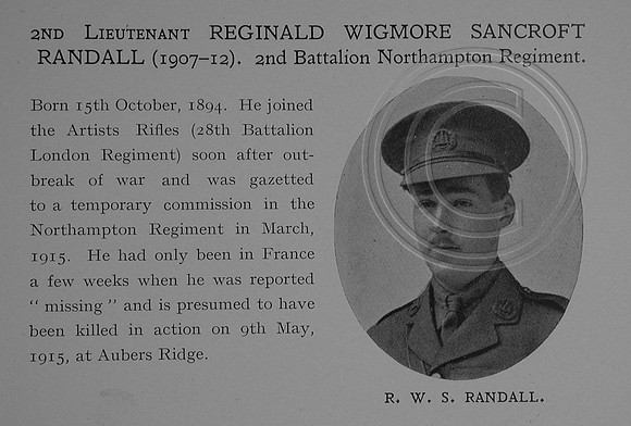 UK Photo Archive: Dulwich College War Record 1914-1919 &emdash; Randall R W S 2nd Lt 2nd Northamptonshire Regiment Obit Dulwich College Roll Of Honour