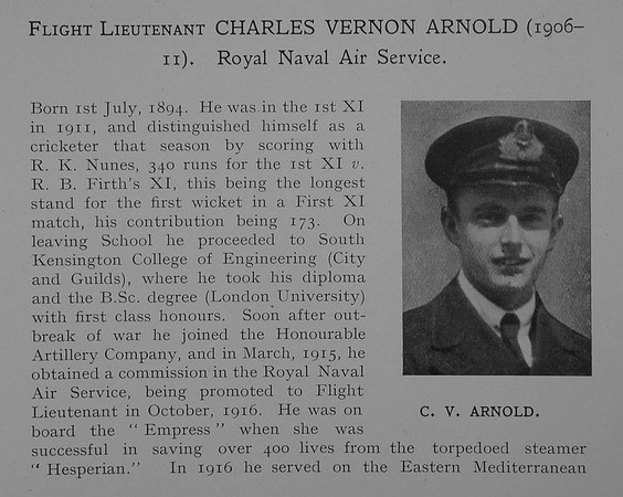 UK Photo Archive: Dulwich College War Record 1914-1919 &emdash; Arnold C V Flt Lt RNAS Obit Part 1 Dulwich College Roll Of Honour