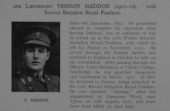 UK Photo Archive: Dulwich College War Record 1914-1919 &emdash; Haddon V 2nd Lt 11th Royal Fusiliers Obit Dulwich College Roll Of Honour