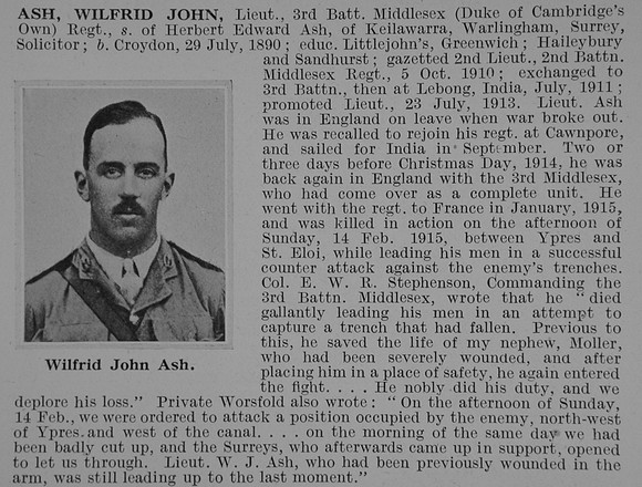 UK Photo Archive: A &emdash; Ash W J Lt 3rd Middlesex Regiment Obit