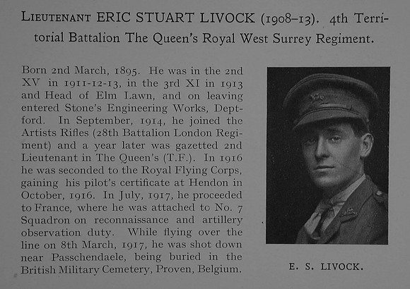 UK Photo Archive: Dulwich College War Record 1914-1919 &emdash; Livock E S Lt 4th Queens Royal West Surrey Regiment Attd Royal Flying Corps Obit Dulwich College Roll Of Honour