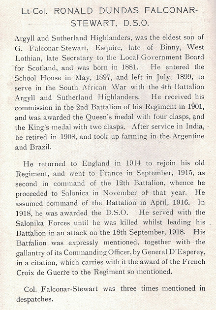 UK Photo Archive: The War Record Of Old Dunelmians 1914-1919 &emdash; Falconar-Stewart R D Lt Col DSO 12th Argyll and Sutherland Highlanders Obit The War Record Of Old Dunelmians 1914-1919