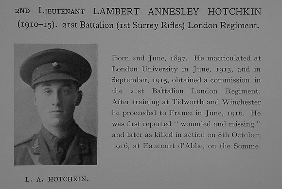 UK Photo Archive: Dulwich College War Record 1914-1919 &emdash; Hotchkin L A 2nd Lt 21st London Regiment Obit Dulwich College Roll Of Honour