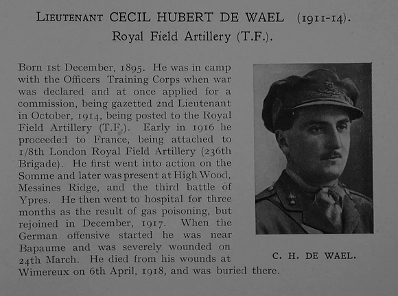 UK Photo Archive: Dulwich College War Record 1914-1919 &emdash; De Wael C H Lt Royal Field Artillery Obit Dulwich College Roll Of Honour