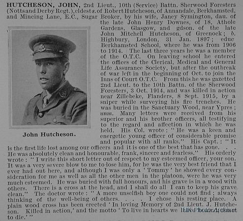 Hutcheson J 2nd Lt 10th Notts And Derby Regiment Obit