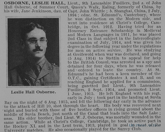 Osborne L H Lt 9th Lancashire Fusiliers Obit De Ruvignys Roll Of Honour Vol 1