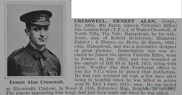 Cresswell E A Cpl 2205 9th London Regiment Obit