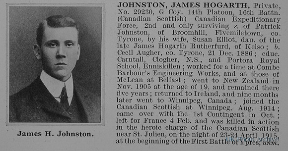 Johnston J H Pte 29230 16th Canadian Expeditionary Force Obit