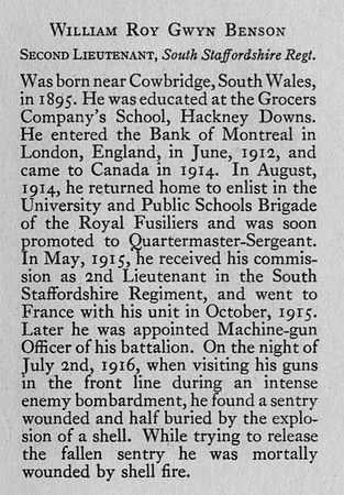 Benson W R G 2nd Lt 2nd South Staffs Regt Obit