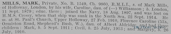 Mills M Pte 1549 HMS Cressy Royal Marine Light Infantry Obit
