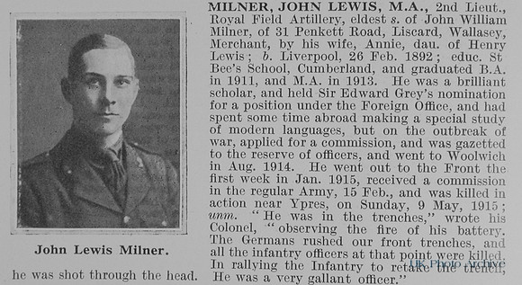 Milner J L 2nd Lt Royal Field Artillery Obit