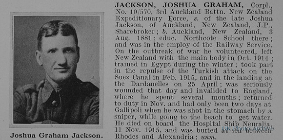Jackson J G Cpl 10/570 3rd Auckland Btn NZEF Obit
