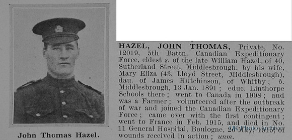 Hazel J T Pte 12019 5th Canadian Expeditionary Force Obit