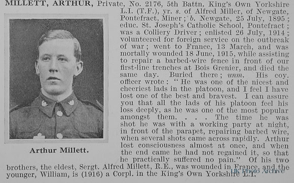 Millett A Pte 2176 5th Kings Own Yorkshire Light Infantry Obit