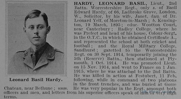 Hardy L B Lt 2nd Worcestershire Regiment Obit