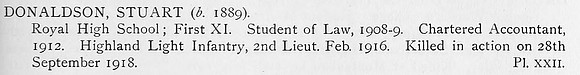 Donaldson S 2nd Lt Highland Light Infantry Obit