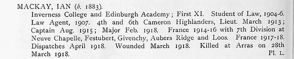 MacKay I Major 4th And 6th Cameron Highlanders Obit