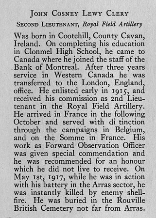 Clery J C L 2nd Lt RFA Obit Bank Of Montreal Memorial Of The Great War