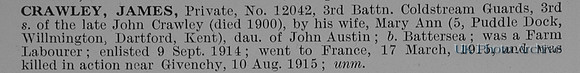 Crawley J Pte 12042 3rd Coldstream Guards Obit