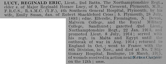 Lucy R E Lt 2nd Northamptonshire Regiment Obit