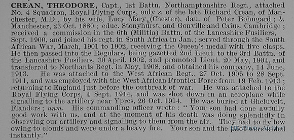 Crean T Captain 1st Northamptonshire Regiment Obit