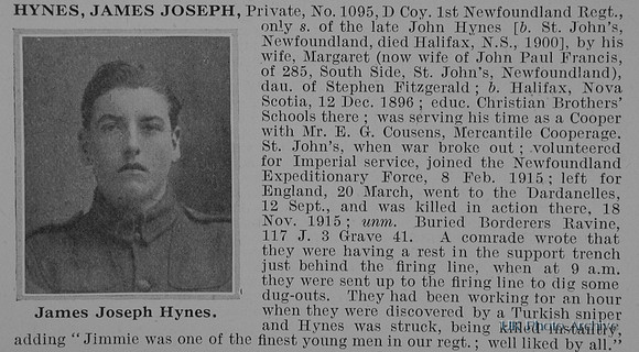 Hynes J J Pte 1095 1st Newfoundland Regiment Obit