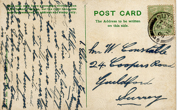Too Busy To Write Postcard 1906 Posted To Mr W Constable 24 Coopers Road, Guildford. Sutton Postmark
