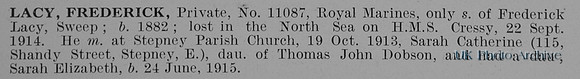 Lacy F Pte 11087 HMS Cressy Royal Marine Light Infantry Obit