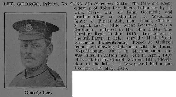 Lee G Pte 8th Cheshire Regiment Obit De Ruvignys Roll Of Honour Vol 3