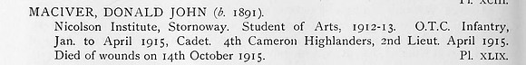 MacIver D J 2nd Lt 4th Cameron Highlanders Obit