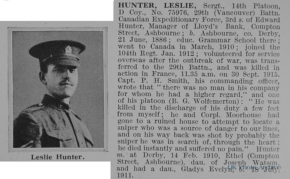 Hunter L Sergt 29th Canadian Expeditionary Force Obit