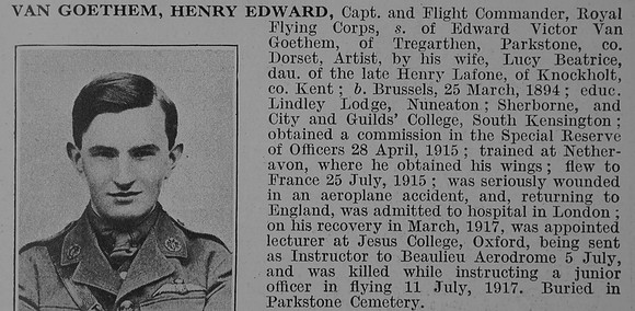 Van Goethem H E Capt Royal Flying Corps Obit De Ruvignys Roll Of Honour Vol 3