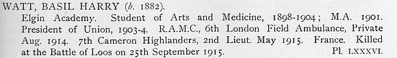 Watt B H 2nd Lt 7th Cameron Higlanders Obit