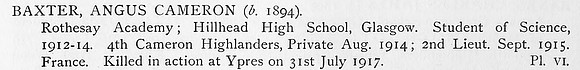 Baxter A C 2nd Lt 4th Cameron Highlanders Obit