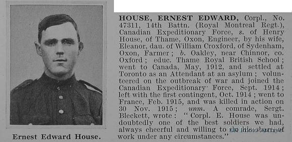House E E Cpl 47311 14th Canadian Expeditionary Force Obit