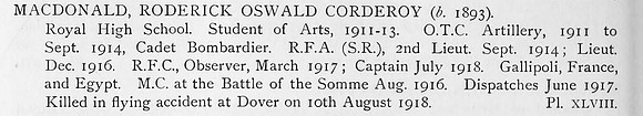 MacDonald R O C Captain MC Royal Flying Corps Obit