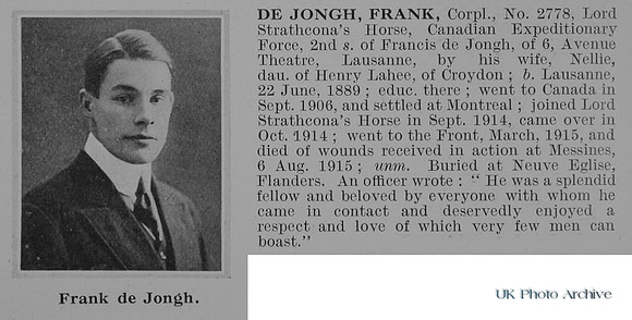 De Jongh F Cpl 2778 Lord Strathconas Horse Canadian Expeditionary Force Obit