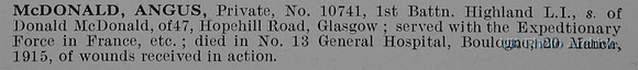 McDonald A Pte 10741 1st Highland Light Infantry Obit