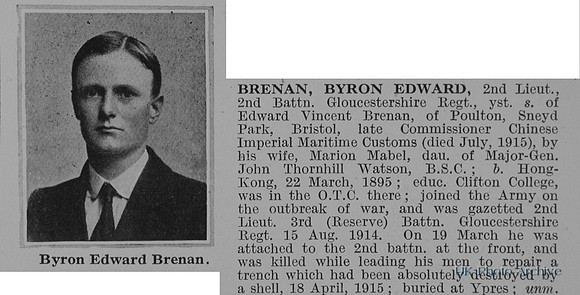 Brenan B E 2nd Lt 2nd Gloucestershire Regiment Obit