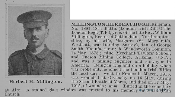 Millington H H Rfn 1881 18th London Regiment Obit