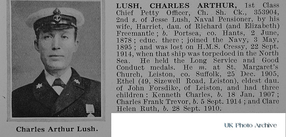 Lush C A Chief Petty Officer 353904 HMS Cressy Royal Navy Obit