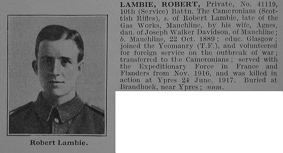 Lambie R Pte 10th Cameronians Obit De Ruvignys Roll Of Honour Vol 3