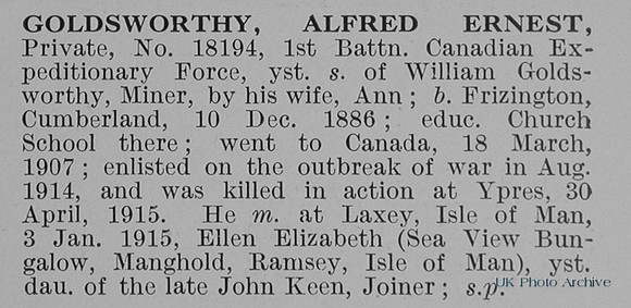 Goldsworthy A E Pte 18194 1st Canadian Expeditionary Force Obit