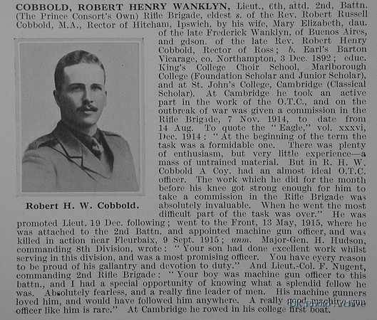 Cobbold R H W Lt 2nd Rifle Brigade Obit