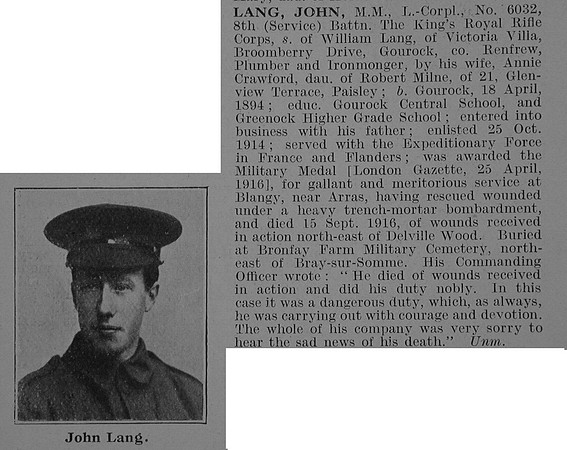 Lang J LCpl MM 8th Kings Royal Rifle Corps Obit De Ruvignys Roll Of Honour Vol 3