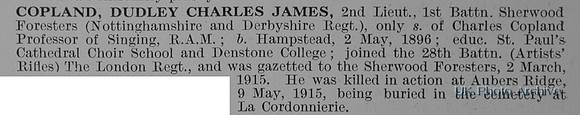 Copland D C J 2nd Lt 1st Notts and Derby Regiment Obit